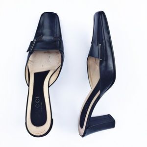 Gucci Black Leather Block Slip On Mules Italy